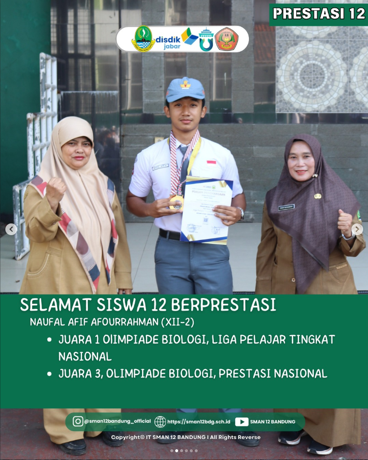 Keluarga besar SMAN 12 Bandung mengucapkan apresiasi setinggi-tingginya kepada para siswa yang telah meraih prestasi gemilang dalam berbagai kejuaraan. 🏆✨